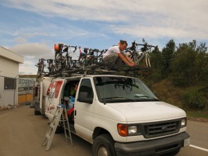 Adam fastening down my bike ... I hope!